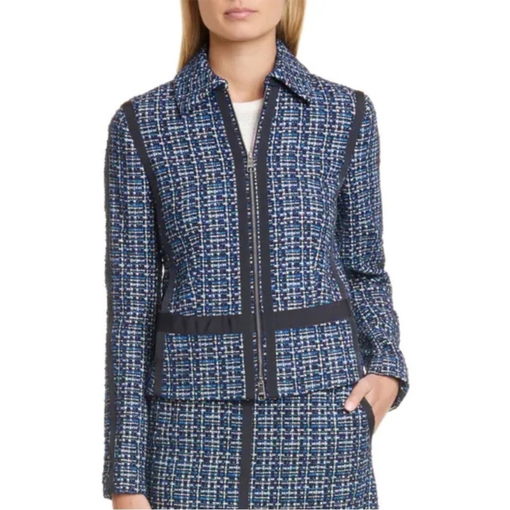Hugo Boss Janopus Zip Front Tweed Blazer Jacket in Navy Blue Sz 4